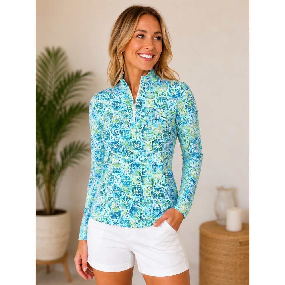 IBKÜL UPF 50+ Quarter Zip Sun Shirt Tile Print Blue Green Women's Small